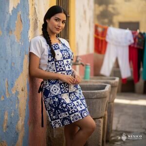 Mexican Bib Apron for Women – Multicolor with blue  Design 22 x 27 inches